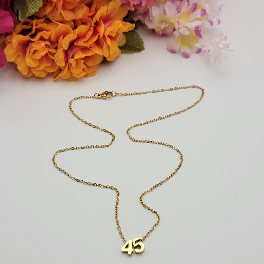 Number 45 Charm Necklace Gold Plated 17.5" Dainty Minimalist